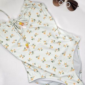 Aerie Floral Printed Key Hole One Piece Swimsuit Light Blue Yellow Size XS